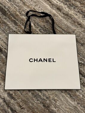 CHANEL White Shopping Tote with Black Logo and Black Ribbon Handles 9.75”x11.50”